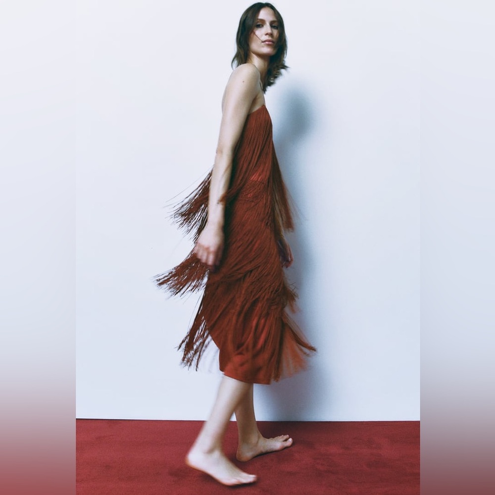 Zara STRAPPY FRINGED brown midi DRESS sz.XS-S - Picture 8 of 15